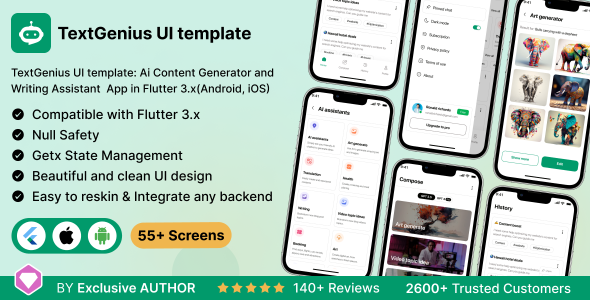 TextGenius UI template: Ai Bellow materials Generator and Writing Assistant  App in Flutter 3.x(Android, iOS)