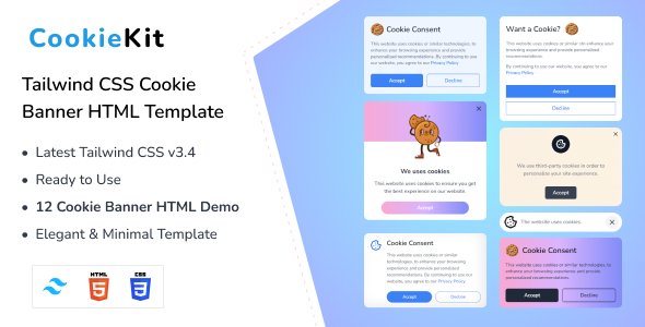 CookieKit – Tailwind CSS 3 Cookie Banners HTML Template