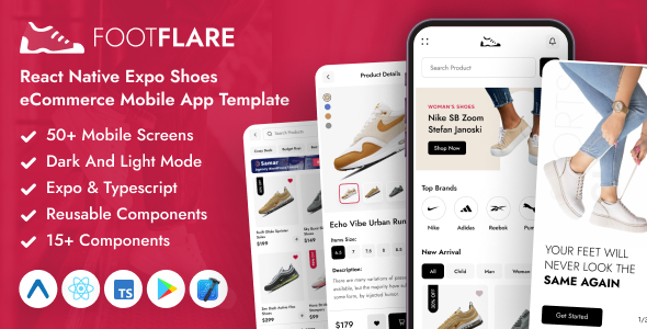 FootFlare – React Native Expo TypeScript Sneakers eCommerce Cell App Template