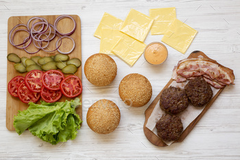 Cheeseburger substances, prime request. From above, overhead, flat lay. Shut-up.