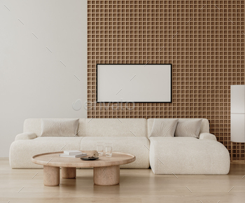 Horizontal physique mock up in neatly-liked lounge inside with wooden wall panel and white couch, 3d