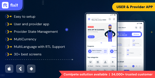 Fixit – On Demand Dwelling Supplier App | UrbanClap Clone | Flutter UI Equipment Template