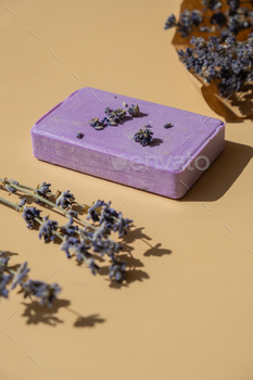 Handmade fragrant spa lavender cleansing cleaning soap. Pure components and extracts. Bar of lavender cleansing cleaning soap with dried