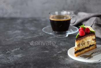 a part of cake on a plate with distinctive berries for dessert