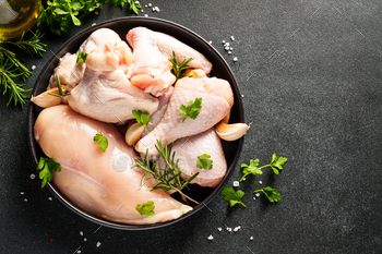 Rooster skim, uncooked rooster meat with herbs.