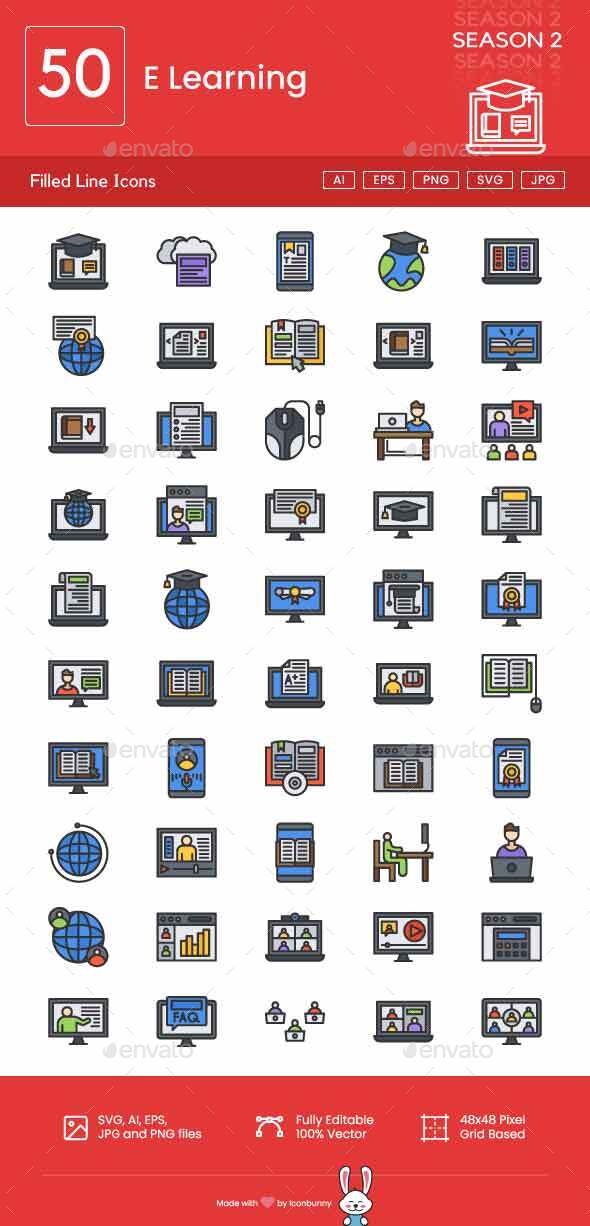 E Learning Crammed Line Icons