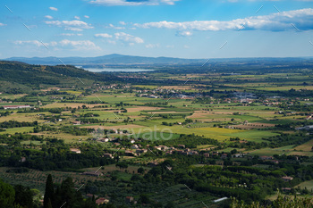 Panoramic ogle from Cortona, Italy, at summer time