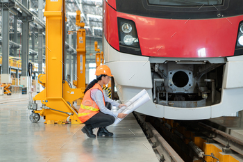 Portrait of a younger feminine technician the disclose of a blueprint working and standing in a skytrain