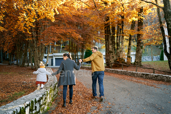 Dad holds the hand of mom main a cramped girl by the hand alongside the fence within the autumn park. Assist