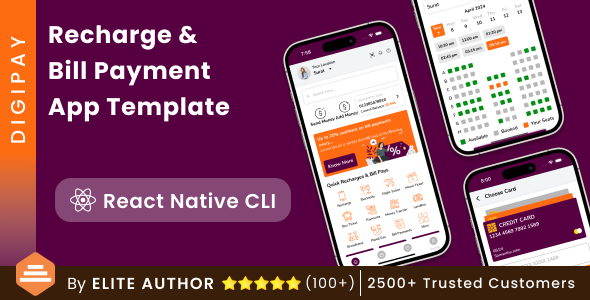 On-line Recharge Observe Reserving & Bill Fee App Template in React Native CLI | DigiPay