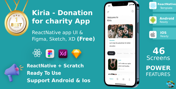 Donation for charity App ANDROID + IOS + FIGMA + XD | UI Package | ReactNative | Kiria