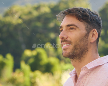 Portrait Of Laughing And Smiling Man Standing Supply air In Countryside