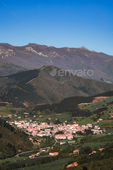 Aerial glimpse of rapid-witted mountain village. Potes, Cantabria, Spain.