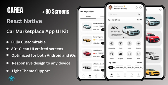 Carea – Automobile Market React Native Expo App Ui Tools