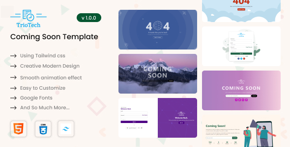 TrioTech – Multipurpose Tailwind Coming Quickly, Login, Register, and Error Pages Equipment