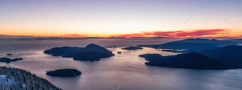 Canadian Mountain Panorama at Dramatic Sundown. Ocean Waft.