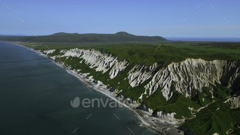 Chook gaze examine cross-check of gathered ocean and stone rock cliffs at Oregon cruise. Clip. Aerial of the ocean water