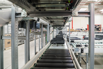 conveyor belts inside a logistics warehouse