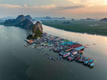 Panorama of Koh Panyee island,  Fisherman village, Phang Nga, Ao Phang Nga Nationwide Park, Thailand