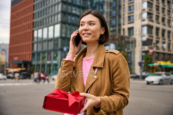 Enraged delighted lady surprised to receiving current