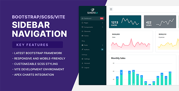 Bootstrap SCSS Admin Panel Sidebar Navigation with Vite and Apex Charts