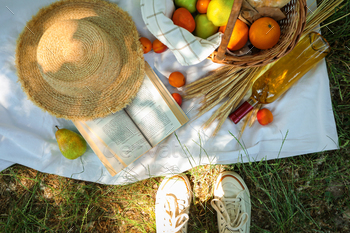 A straw hat with a ebook on a blanket within the park