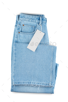 Assist Facet Of Folded Blue Denims With Pocket And Empty Worth Or Worth Label, Replica House, Mockup