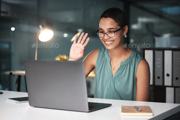 Video convention, laptop and shadowy woman in trade with digital meeting, communication and techno