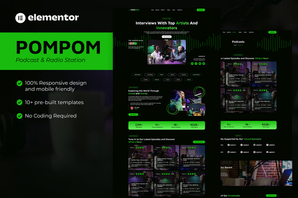 Pompom – Podcast & Radio Area Elementor Template Gear