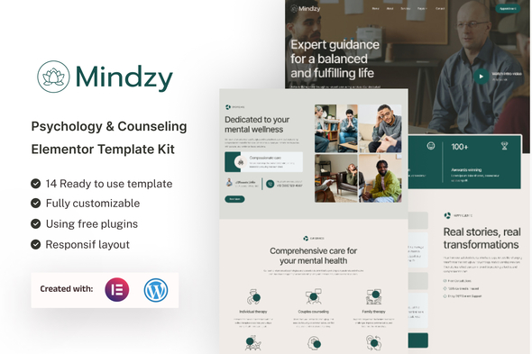 Mindzy – Psychology & Counseling Elementor Template Package