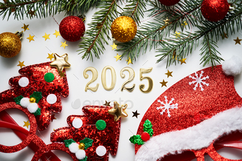 Abstract background of Christmas attributes with the yr quantity 2025.