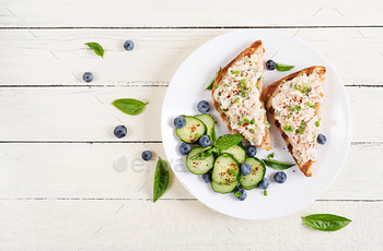 Italian bruschetta sandwiches with pate canned tuna, egg and cucumber.