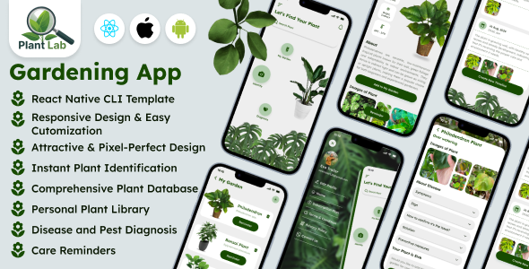 PlantLab – Simple Gardening App – React Native Cell App Template – Android/iOS UI Tools