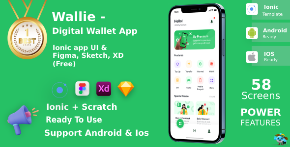 Digital Pockets App ANDROID + IOS + FIGMA + XD + Sketch + Invision Studio | UI Package | Ionic | Wallie