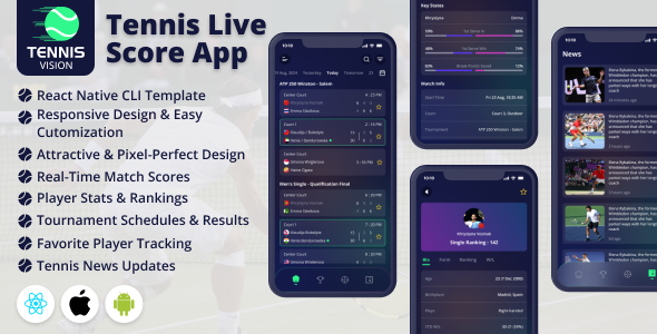 TennisVision – Tennis Keep Rating App – React Native Cell App Template – Android/iOS UI Tools