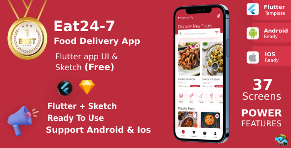 Eat 24/7 ANDROID + IOS + FIGMA | UI Equipment | Flutter | Meals Supply App | Free Sketch File