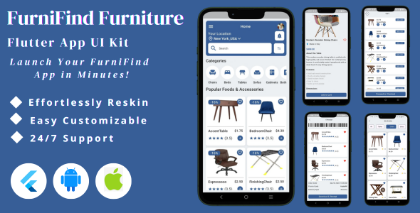 FurniFind – Furnishings Selling, Inside Save & Residence Styling App UI Package | Flutter & iOS Template