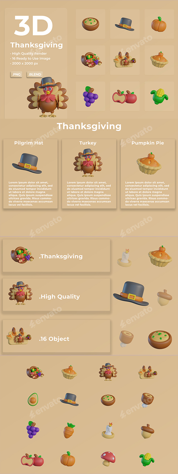 3D Thanksgiving Icon State of affairs Bundle