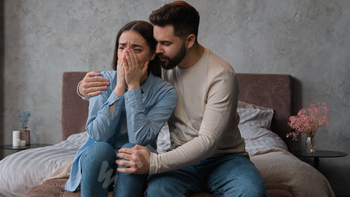 Caucasian man apologizing husband calming anxious aggravated spouse question forgiveness after family warfare