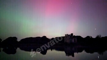 Aurora borealis, northern lights inside the sky above Menlo fort, Galway, Ireland, nature background