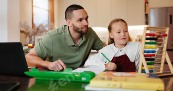 Homework, father and girl with abacus, abet and schooling with elearning, reinforce and discovering out. Dev