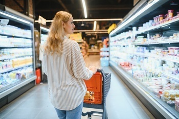 Portrait Of Smiling Woman With Shopping Cart In Grocery retailer Purchasing Groceries Meals