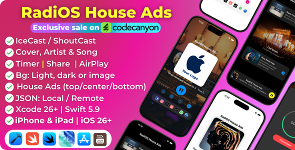 RadiOS House Adverts SwiftUI APP iOS 26, Radio Movement, Radio Swift, iOS APP Template (Single Residing)