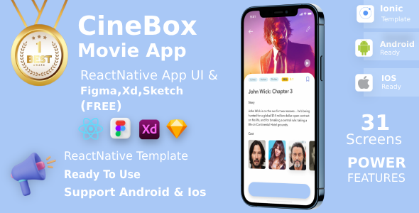 Online Movie Streaming & Reserving ANDROID + IOS + FIGMA + Sketch | UI Equipment | CineBox | ReactNative