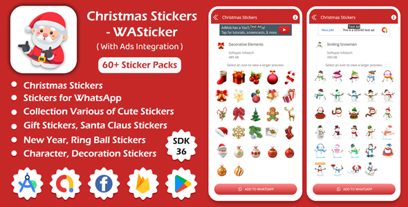 Christmas Stickers – WASticker, Sticky label for Whatsapp Android App with AD Integration