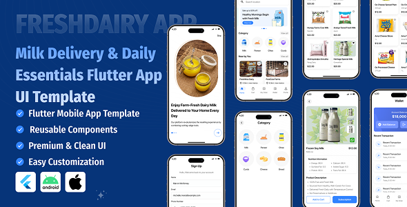 FreshDairy – Milk Start & Every day Essentials Flutter App UI Template
