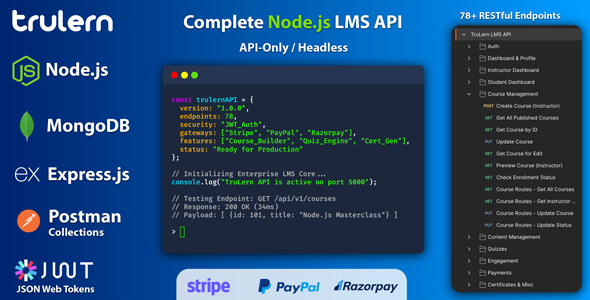 TruLern – Headless Backend Challenge Node.js LMS REST API (78+ Endpoints)