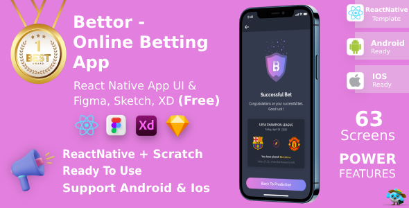Bettor – Sports, E-sports to Casinos Game | React Native Expo | Figma + Sketch + XD FREE