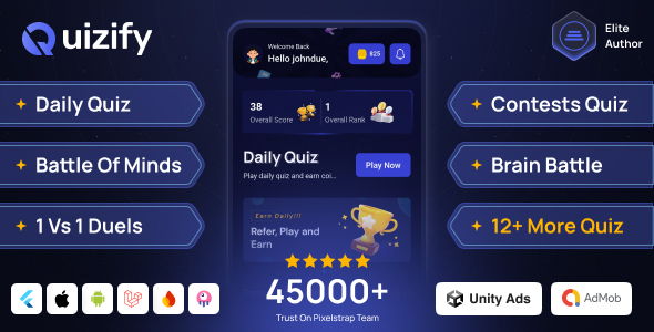 Quizify – Trivialities Flutter Quiz App | Day-to-day Quiz Recreation, 1v1 Battles, Contests & Bots