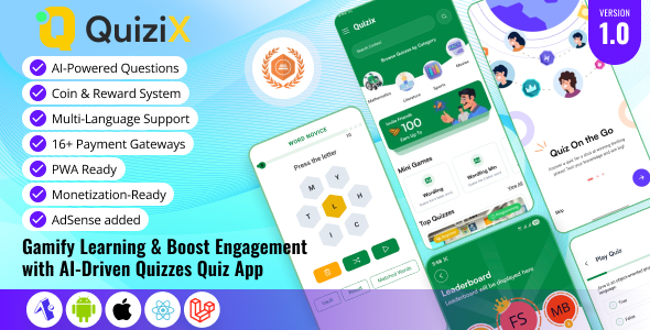 QuiziX – AI Quiz & Trivialities Sport | React Native Cell App (Requires QuiziX Platform)
